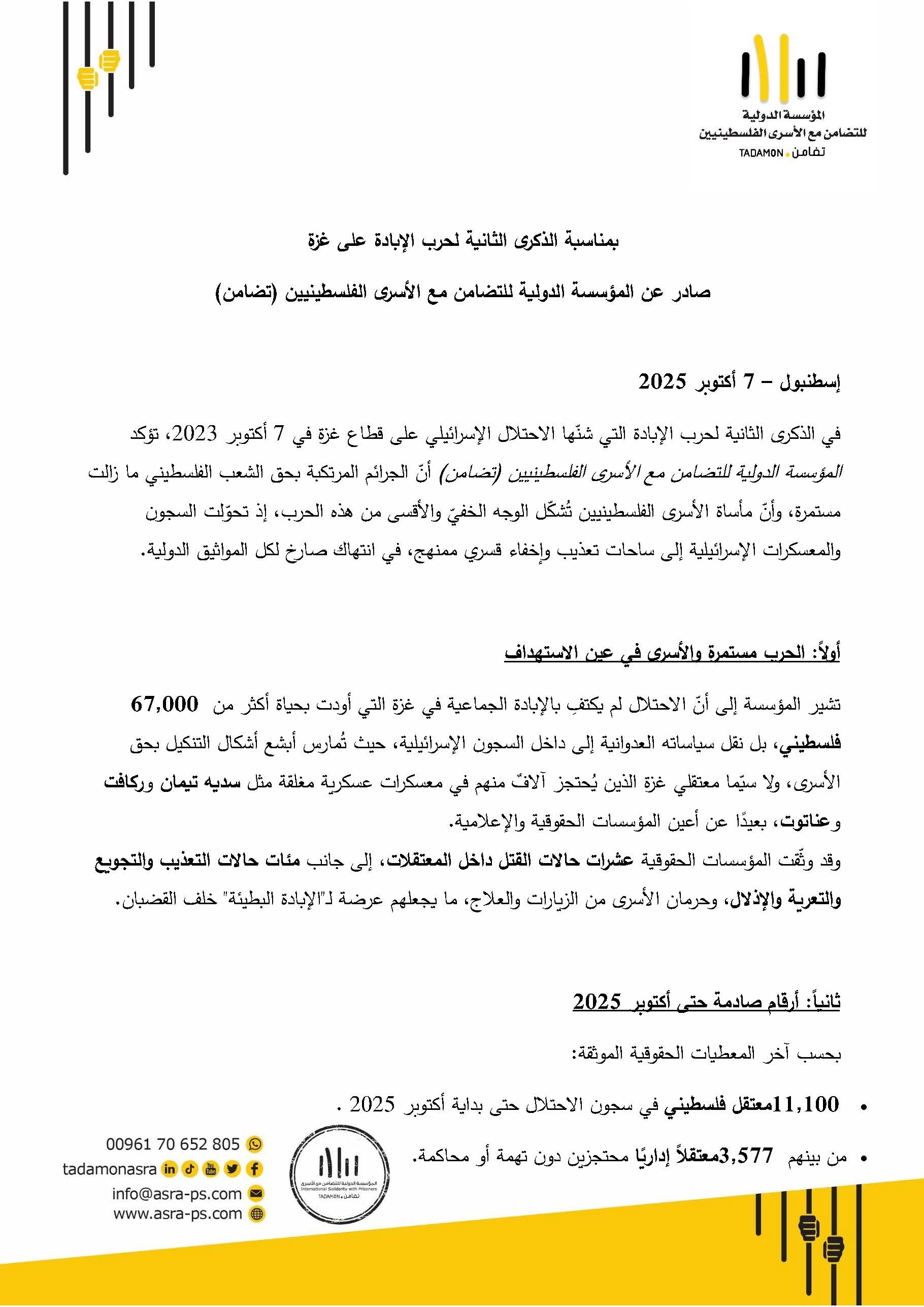 بمناسبة الذكرى الثانية لحرب الإبادة على غزة صادر عن المؤسسة الدولية للتضامن مع الأسرى الفلسطينيين (تضامن)